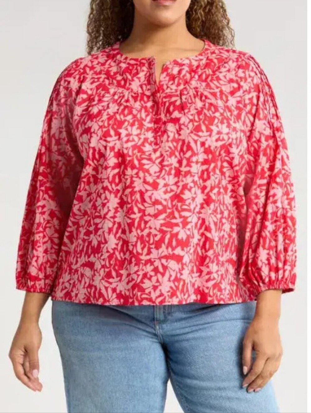 Caslon Pink and White Floral Split-Neck Cotton Popover Top